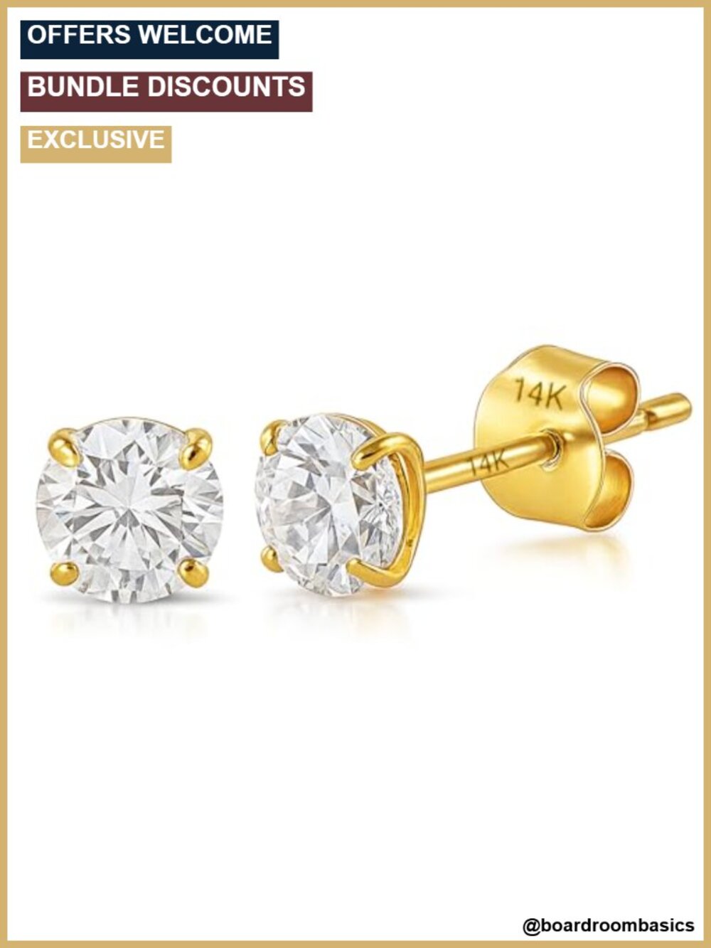 14K Solid Gold Round AAAAA Cubic Zirconia Stud Earrings for Women Men